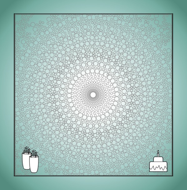 Party Colour & Create Keepsake - p8 - Teal coloured page with dots resembling bubbles with cake & tumbers