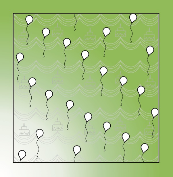 Party Colour & Create Keepsake - p12 - Green coloured page with white balloons, with streamer watermark background