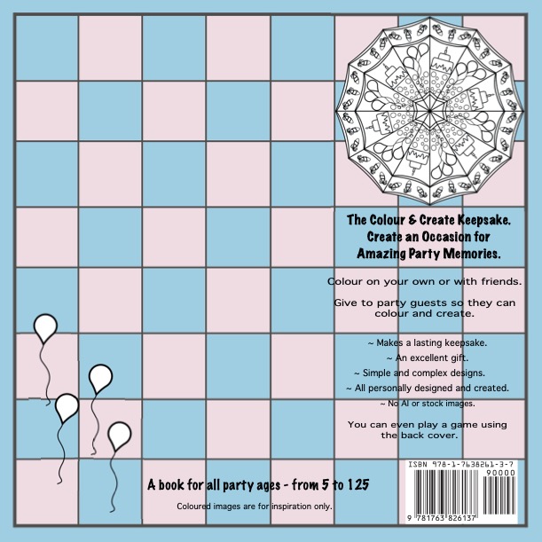 Party Colour & Create Keepsake - Book Cover-Back - board game appearance - in pink and blue with balloon images and party inspired  mandala 