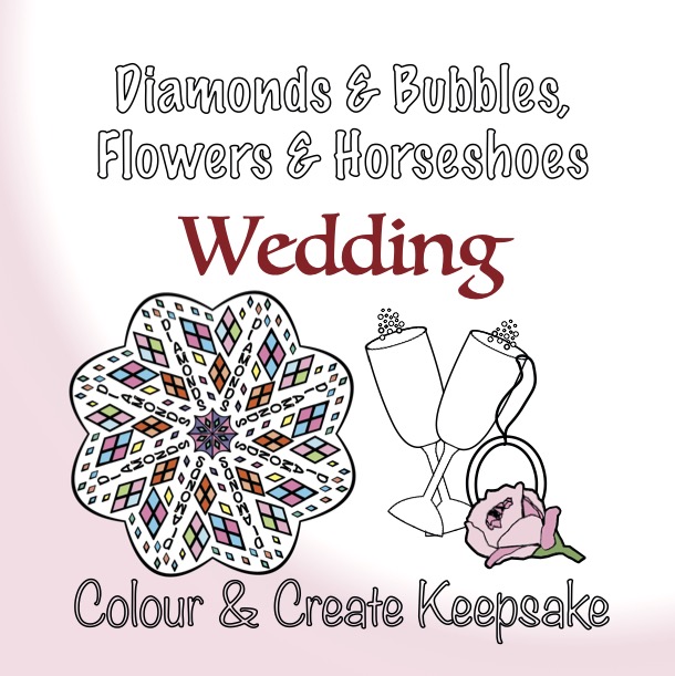 Wedding Colour & Create Keepsake - Book Cover - Images of flowers, glasses, & coloured diamond inspired mandala
