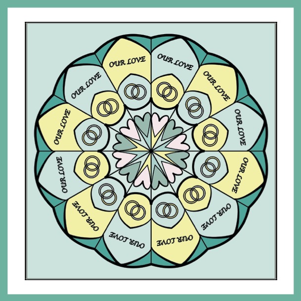 Wedding Colour & Create Keepsake - Book Cover-inside right -  - Coloured mandala of rings and shapes, with words - Our Love