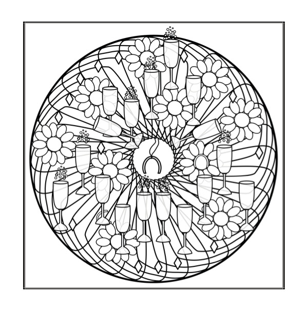 Wedding Colour & Create Keepsake - p39 - Mandala with imags of daisies & bubbly drinks & lucky horseshoes