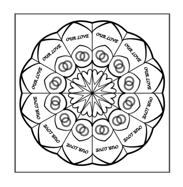 Wedding Colour & Create Keepsake - p41 - Mandala of rings and shapes, with words - Our Love