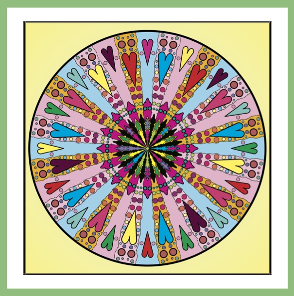 Peace & Unity Colour & Meditate - Book Cover-inside right - Coloured heart image mandala on yellow background