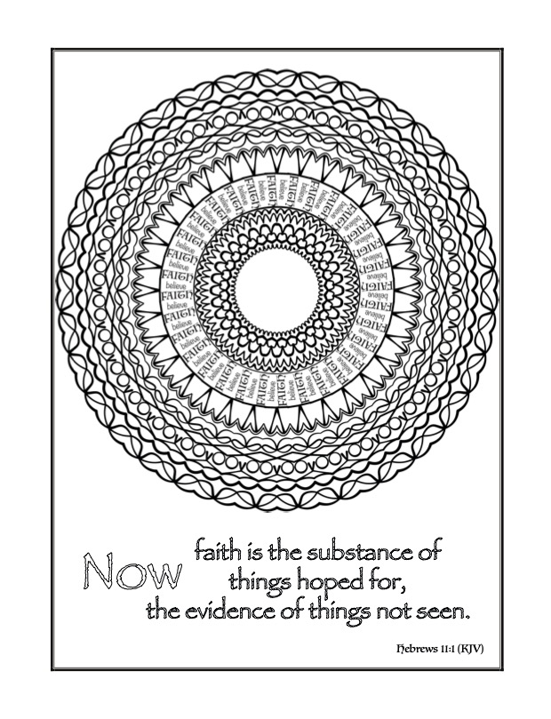 Faith, Hope, Love Colour & Meditate - p5 - Bible passage with 'Faith, Believe' mandala