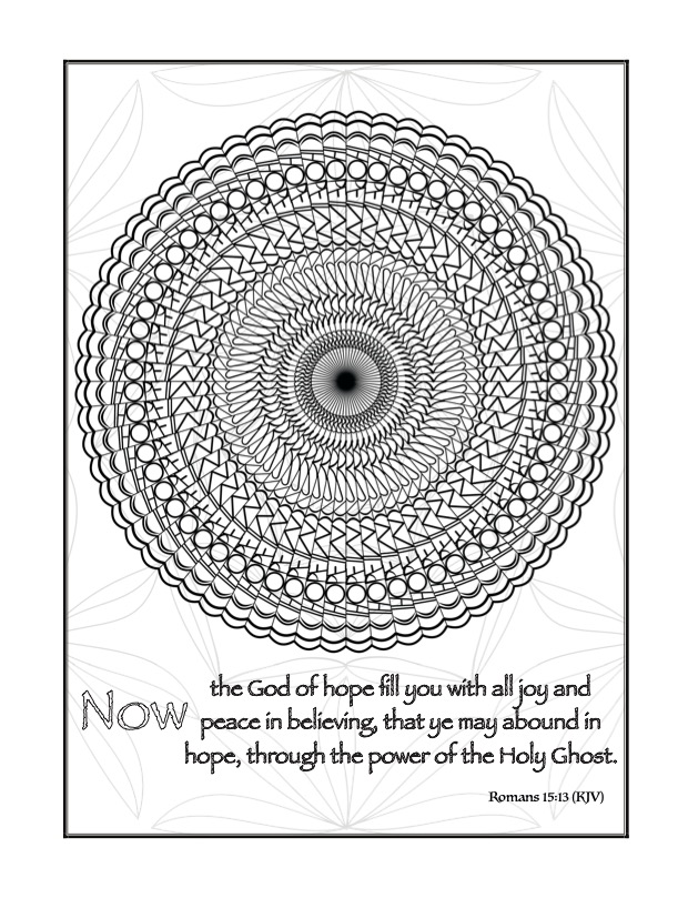 Faith, Hope, Love Colour & Meditate - p21 - Bible passage with 'Hope' mandala