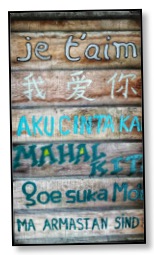 Picture of wooden slats with text in several languages to communicate the same sentence